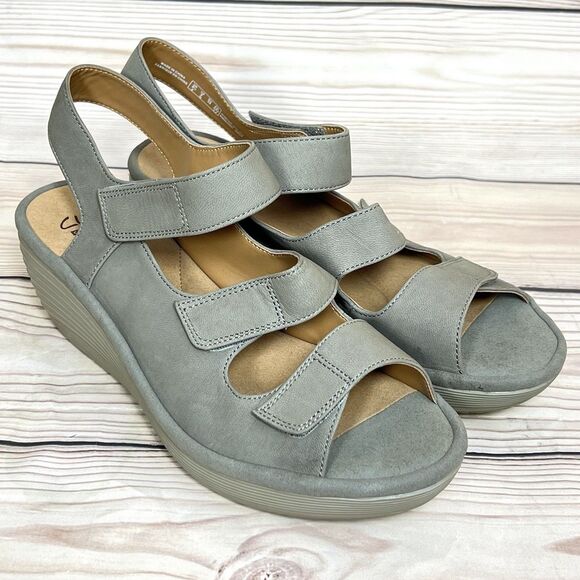 Clarks Reedly Juno Wedge Sandals Womens 8W Sage Nubuck Leather Triple Strap Shoe - Picture 14 of 15